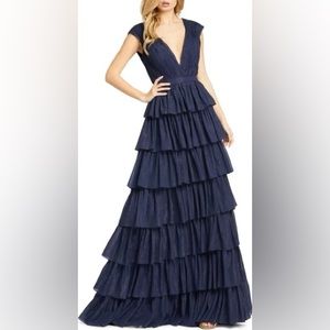 IEENA MAC DUGGAL Metallic Plunge Neck Ruffle Tiered Gown